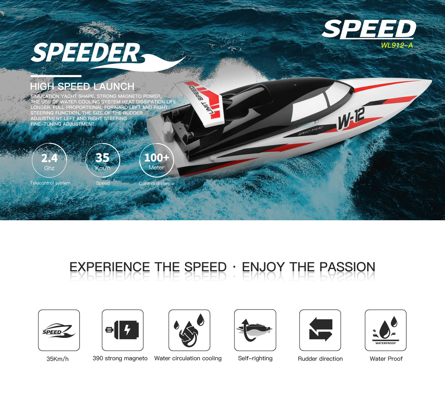 WLtoys WL912-A RC Boat 2.4Ghz 35KM/H Brushed High Speed Racing Boat 2200