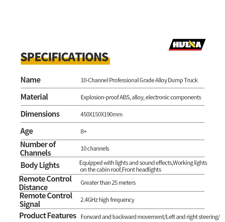 RC Truck Huina 1573 Metal dump truck with lights and sounds and Battery