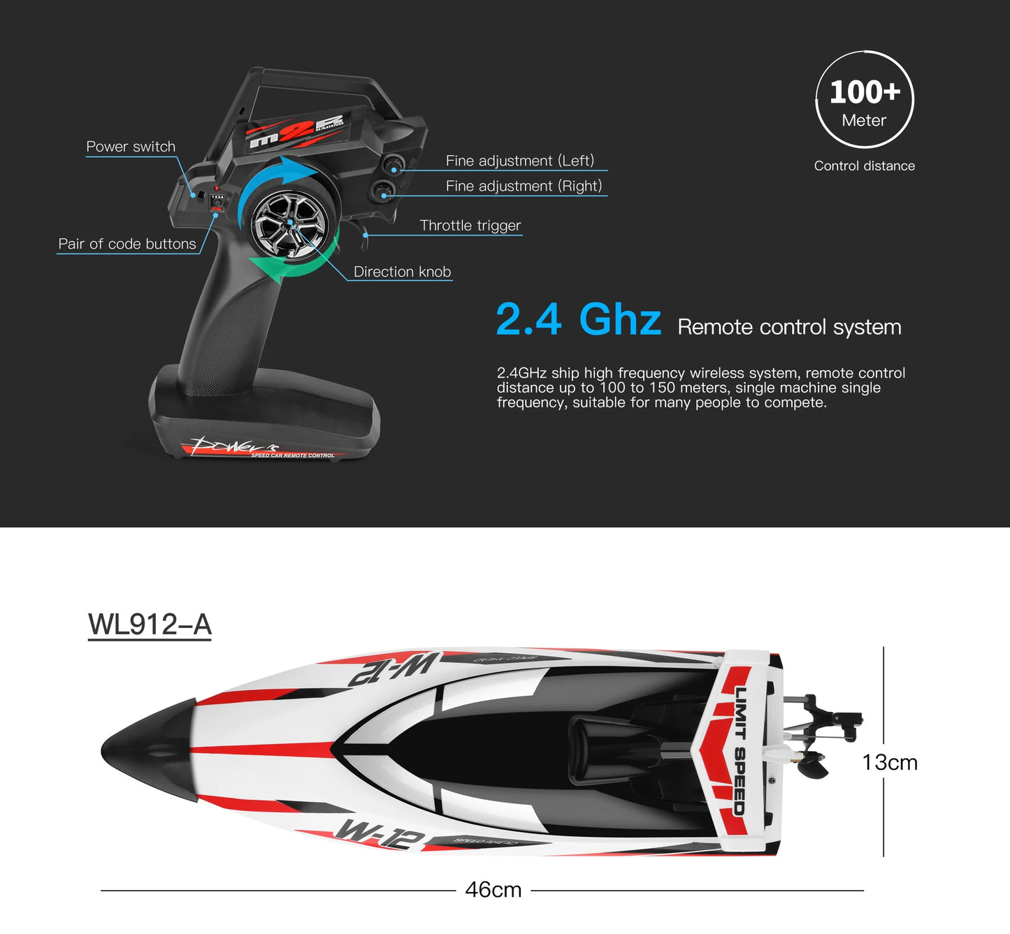 WLtoys WL912-A RC Boat 2.4Ghz 35KM/H Brushed High Speed Racing Boat 2200
